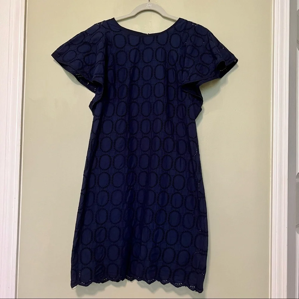 J. Crew Factory Scalloped Eyelet Navy Blue Shift Dress With Flutter Sleeve Sz 2